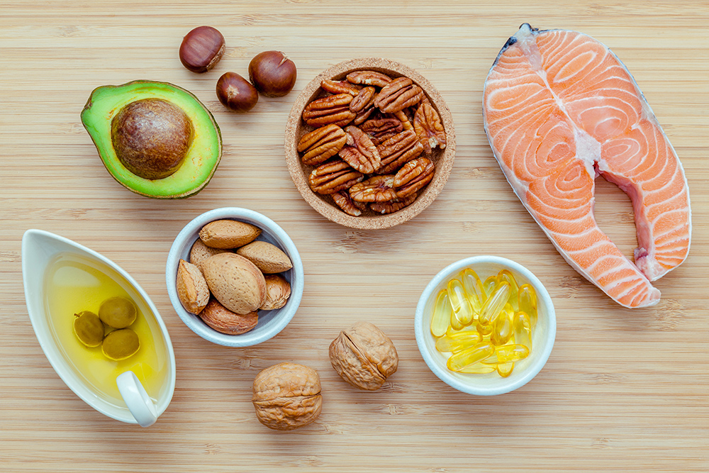 Various food cpmtaomomg OMEGA-3, such as fish, nuts, oils and avocado.